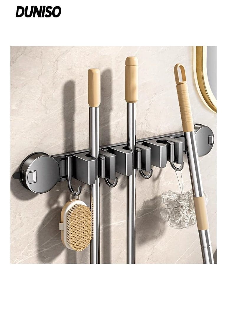 Mop and Broom Holder Wall Mount,Broom Hanger Suction cup With 3 Slots & 4 Hooks,Wall Mounted Garden Tool Organizer,No Punching Required,Sturdy and Durable,for Closet Garage Laundry Room Kitchen Decor