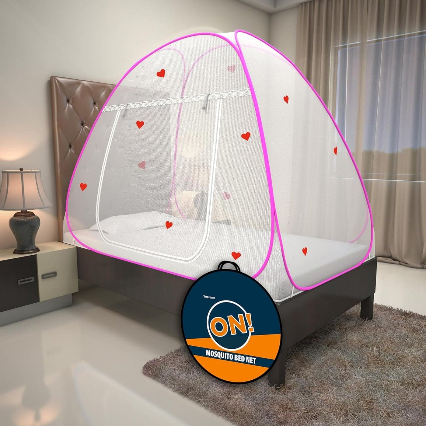 KOLAR Supreme On Mosquito Net for Single BedPolyester 30 GSMFoldable Machardani Strong and DurableTent Type Corrosion Resistant White Pink