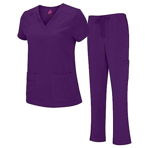 Natural Uniforms Women's Cool Stretch V-Neck Top and Cargo Pant Set (Eggplant, Medium)