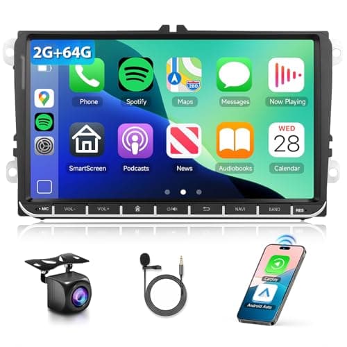 2G64G for VW Passat Tiguan Golf Jetta T5 EOS Polo Skoda Android Car Stereo with Wireless Carplay Android Auto 9 Touch Screen Bluetooth Car Radio Support GPS Navigation WiFi FM SWCBackup Camera