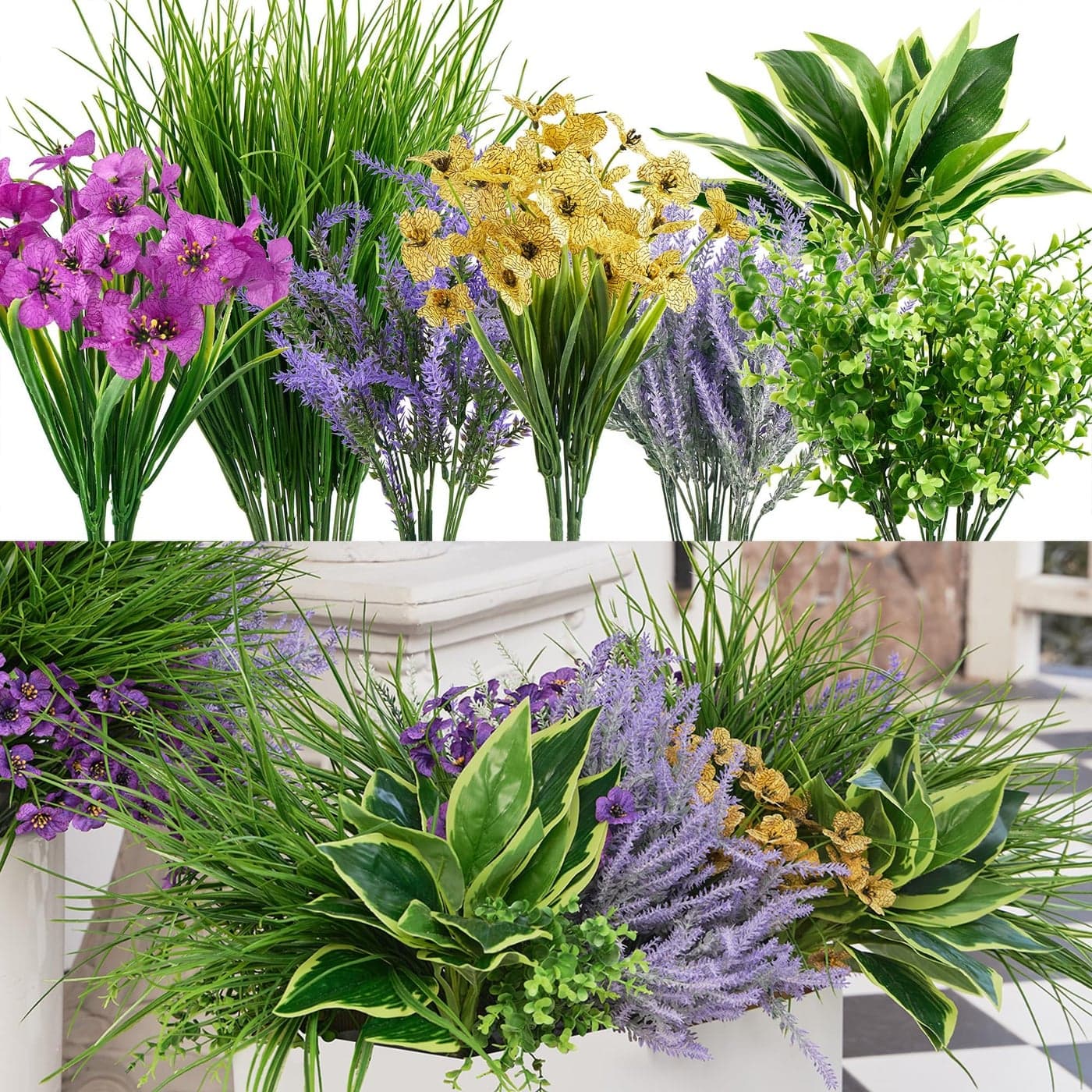 Clycaloor 25Pcs Outdoor Artificial Boxwood UV Resistant Fake Stems Plants Faux Plastic Greenery for Indoor Outside Hanging Plants Garden Porch Window Box Home Wedding Farmhouse Dcor