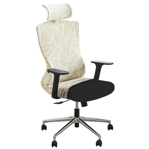 HOKIPO 'Elira Series' Office Chair Cover with Headrest (High-Back)- 140 GSM Stretch Fabric- Washable, Anti-Slip Fit for Ergonomic Mesh Office Chairs, Beige Abstract Geometry (AR-5367-C3)
