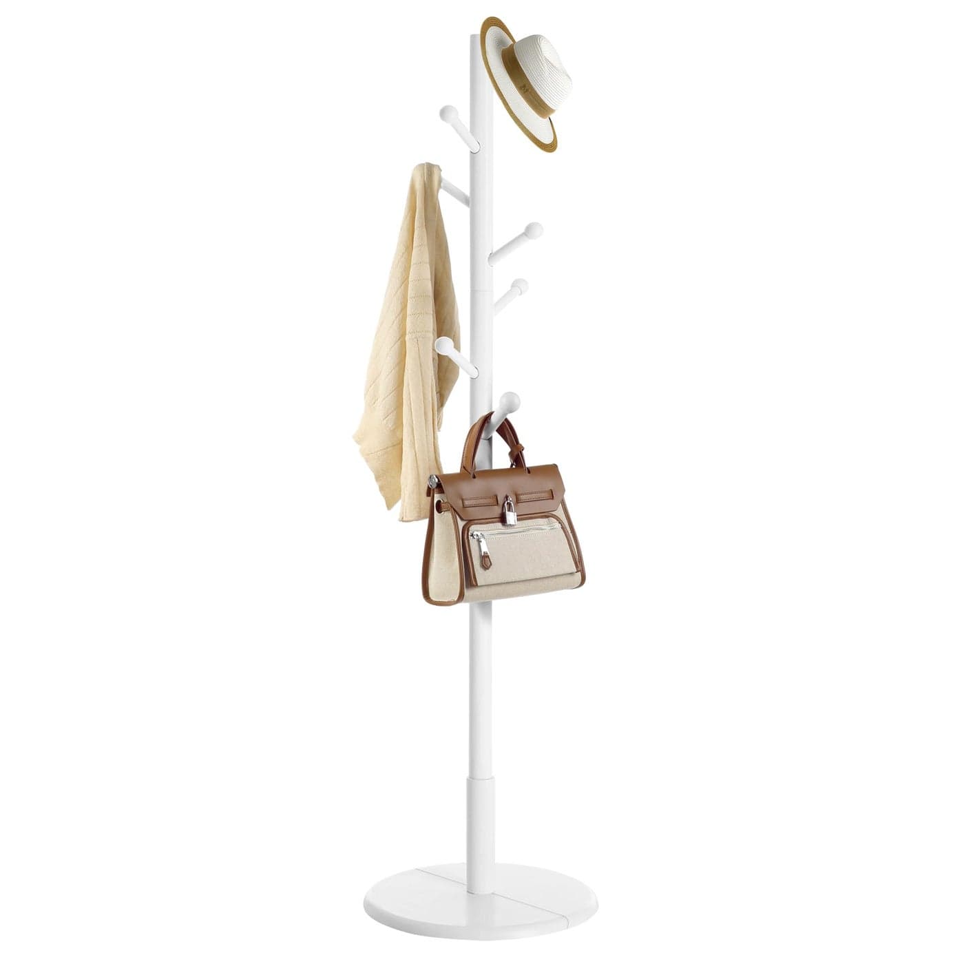 VASAGLE Coat Rack Free Standing Coat Tree with 7 Rounded Hooks Wood Hall Tree Entryway Coat Stand for Clothes Hats Purses in the Entryway Living Room White RCR07WT