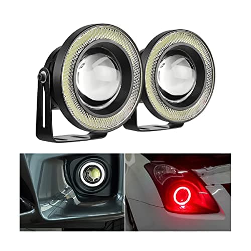 2PCS Car Angel Eye Fog Light Round COB LED Lamp High Power Bright with White Halo Angel Eye Rings Headlight Universal Daytime Running Light DRL Car Driving Bulbs Projector Red