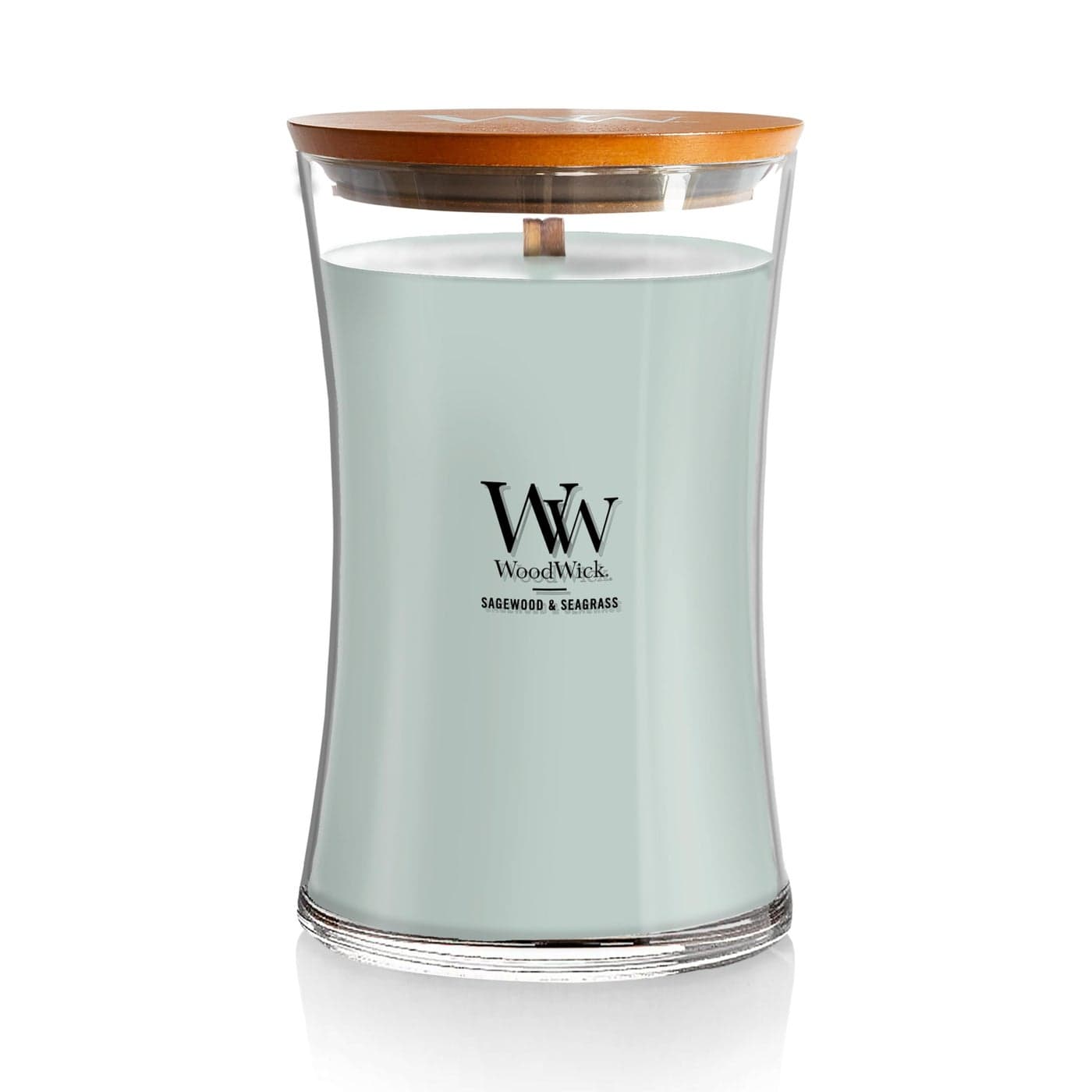 WoodWick Sagewood Seagrass Scented Large Hourglass Candle Crackles as it burns Up to 180 hrs burn time Perfect for gifting 21oz