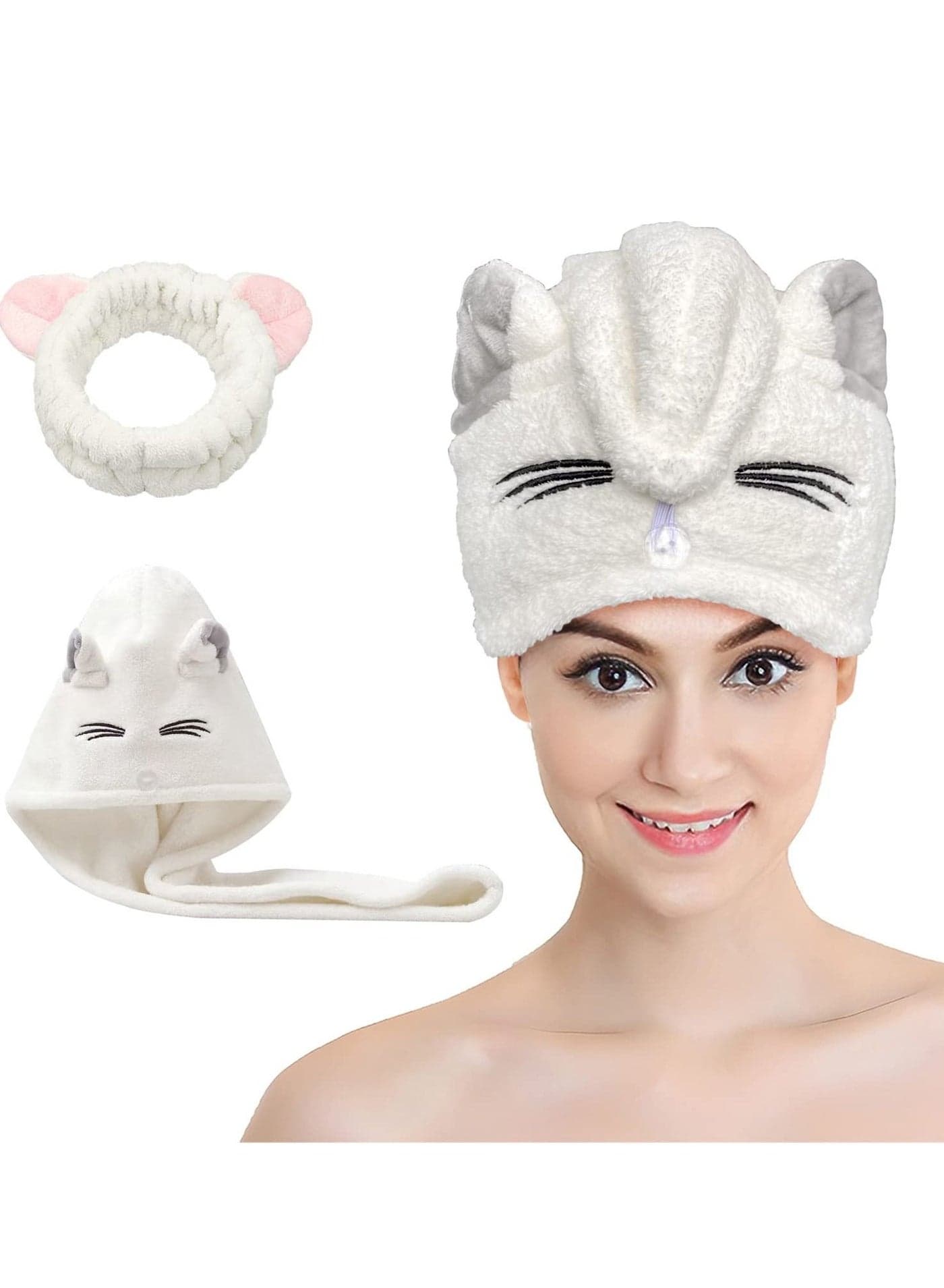 Hair Drying Towel, Microfiber Towel Wrap with Cat Ears, Women's Quick Dry Cap for Women and Kids Girls, Super Fast Absorbent Bath Shower Head Bandana ons