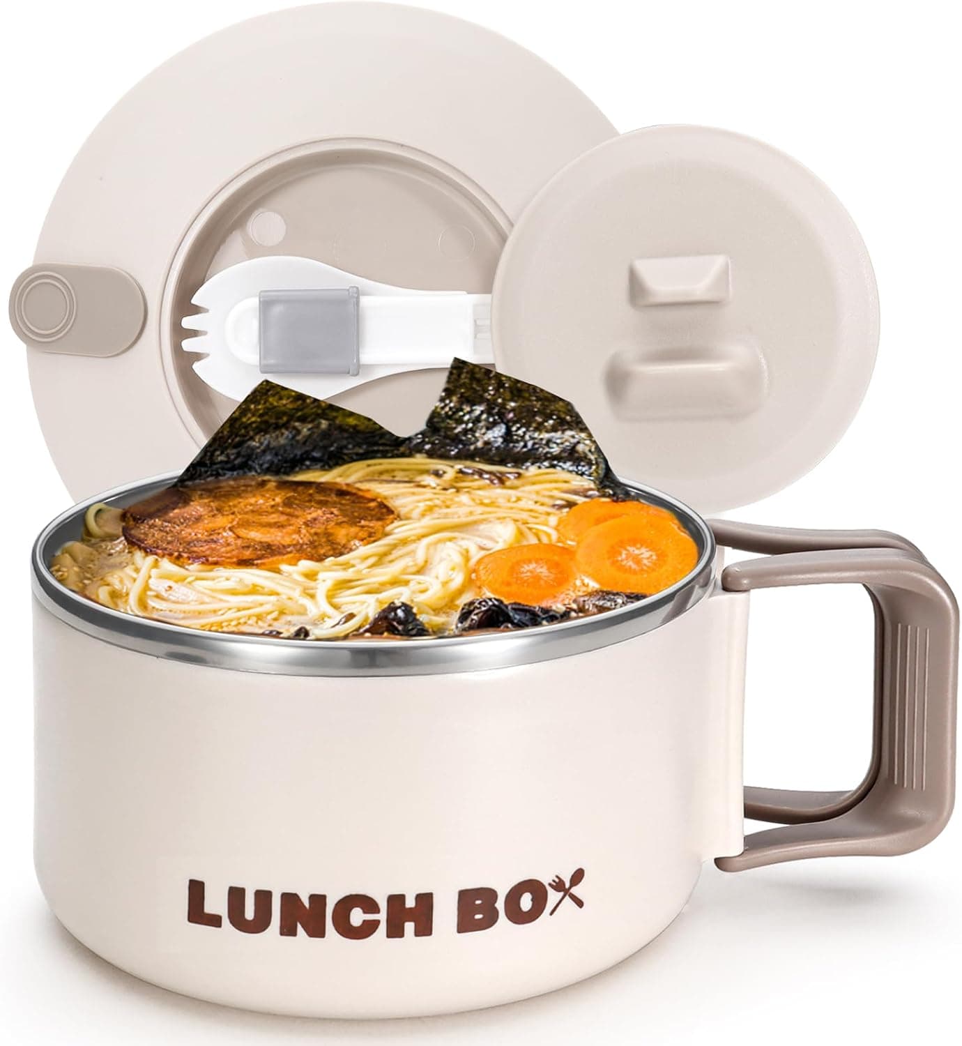 Microwave Ramen Bowl with Lid and Handle 405 Oz Stainless Steel Liner Microwavable Soup Noodle Bowls Instant Ramen Cooker Microwave Container for Office College Dorm Beige