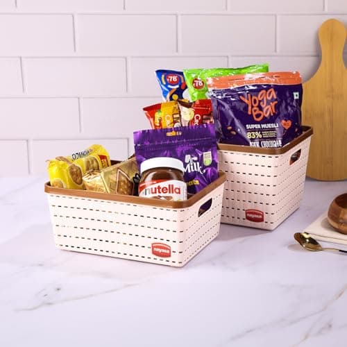 Nayasa Gloria Basket for Storage | Vegetable & Fruit Basket | Storage Box and Organiser Plastic Basket With Lid | Multipurpose Kitchen Organizer Rack | Big & Medium - Set of 2 | Peach