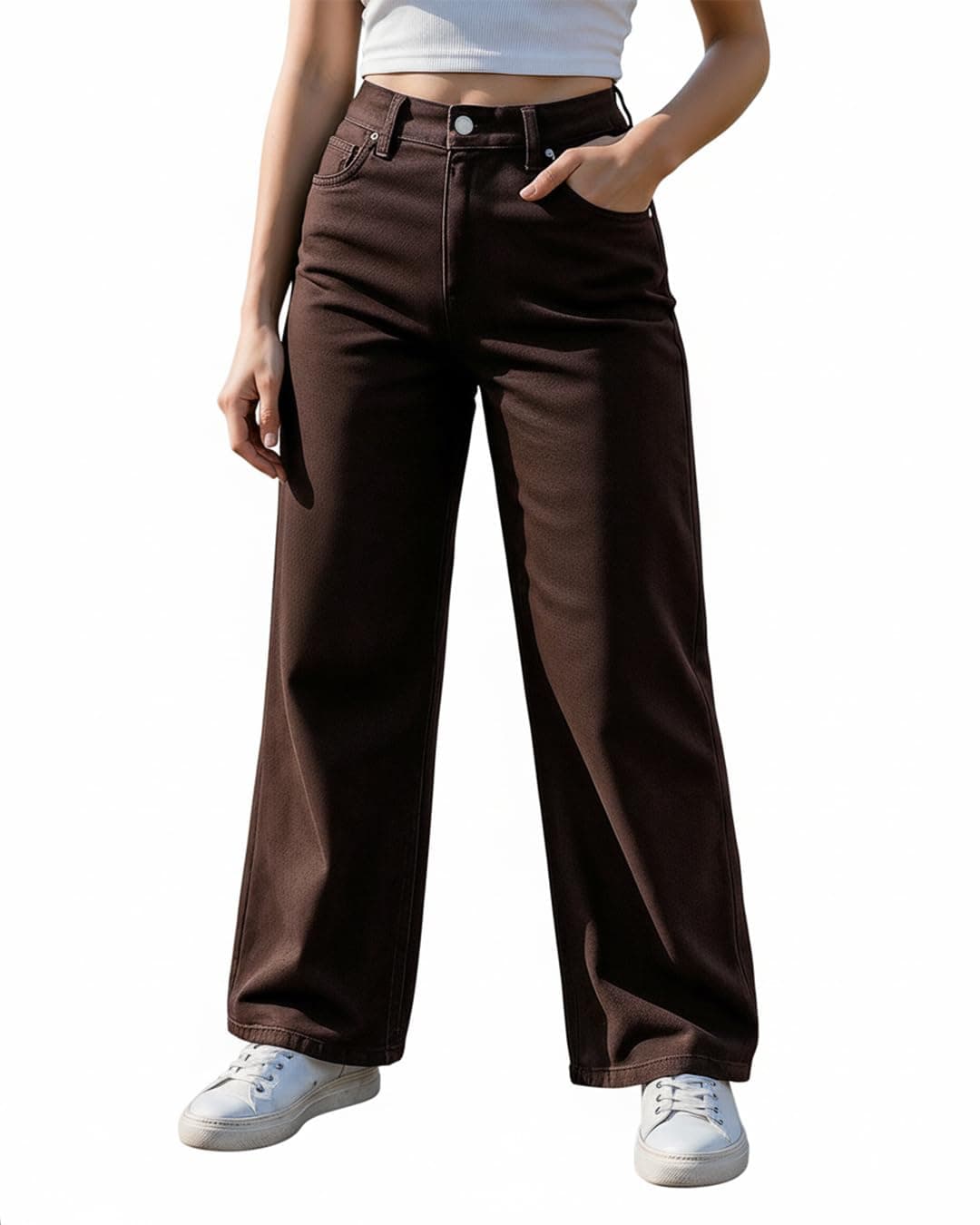 Bewakoof Women's Solid Wide Leg Cotton Baggy Jeans_625168_Brown_32