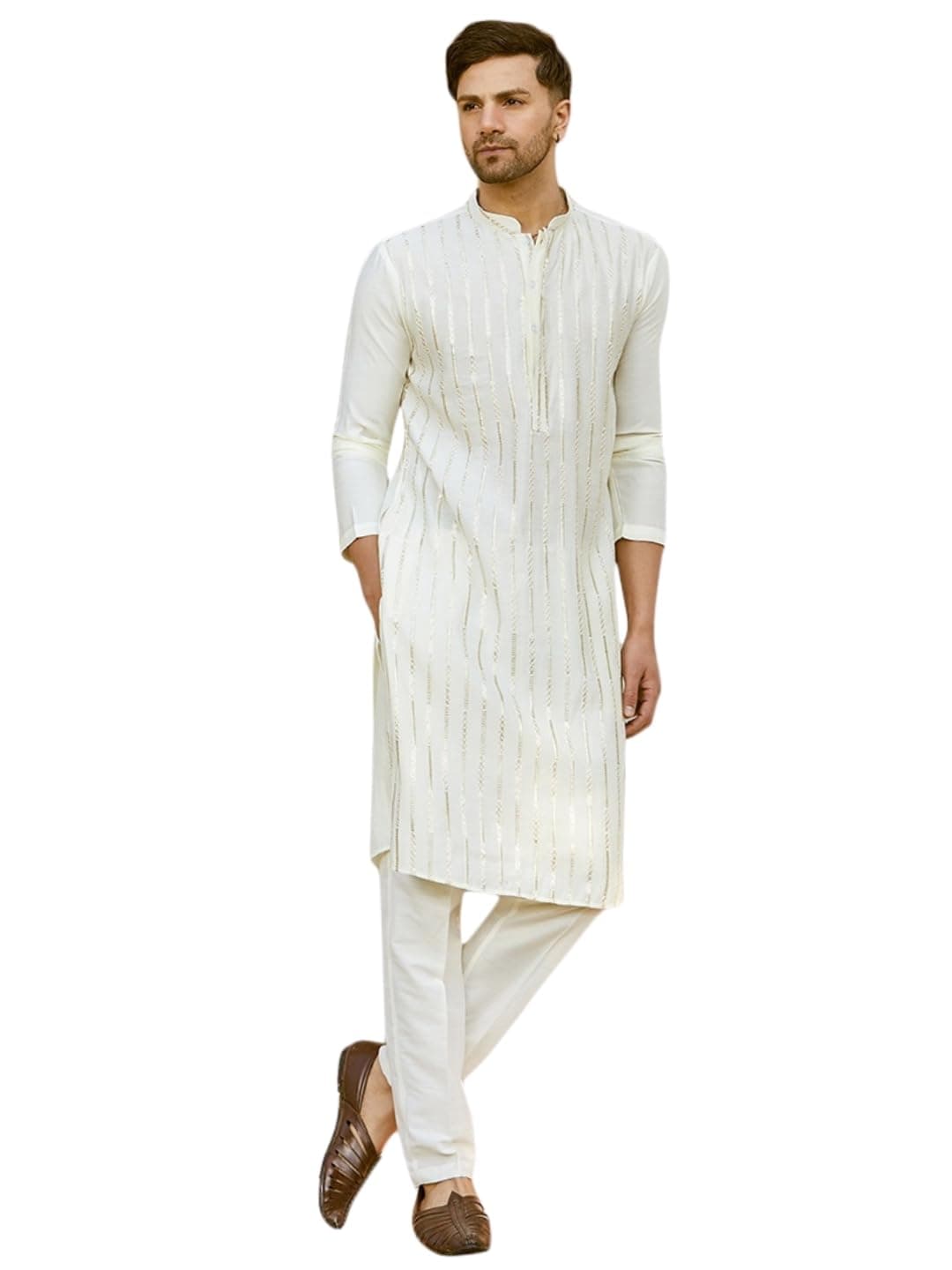 See Designs Men Full Sleeve Off White And Gold Chanderi Silk Sequins Mandarin Collar Side Slit Kurta With Pyjama - SDKT242206L
