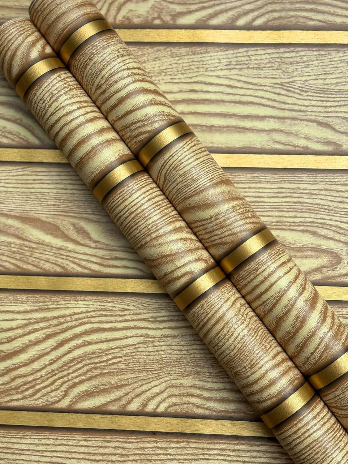 ELTON Wooden Golden Stripe Wallpaper, Self-Adhesive, Waterproof, Gold Accent Wall Decal for Bedroom Bathroom Cabinet Drawer Furniture Farmhouse Indoor Outdoor Use (Maple Wood, 50 Square Feet)