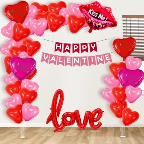 Party Propz Valentine's Day Decoration items - 48 Pcs With Happy Valentine Day Banner (Cardstock), Red Lip Foil Balloon, Pink & Red Heart Foil Balloons, Love Foil Balloon, Heart Balloons (Latex, Foil)