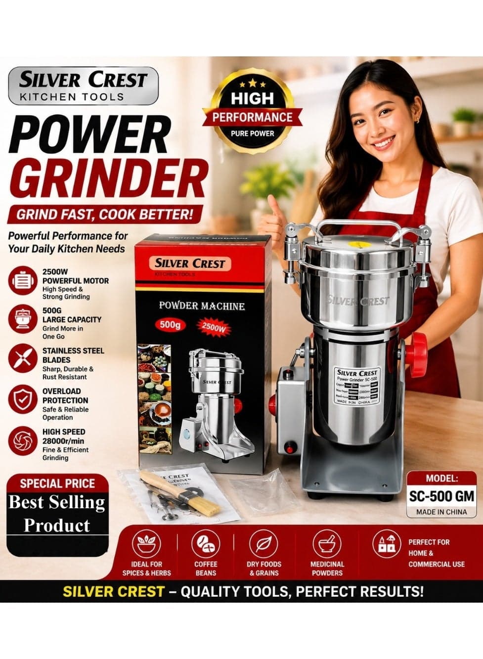 Silver Crest 500g Electric Powder Grinder Machine 2500W Heavy Duty Stainless Steel Spice Herb Coffee Grinding Mill for Home Kitchen Commercial Use with High Speed Motor and Safety Lock Design