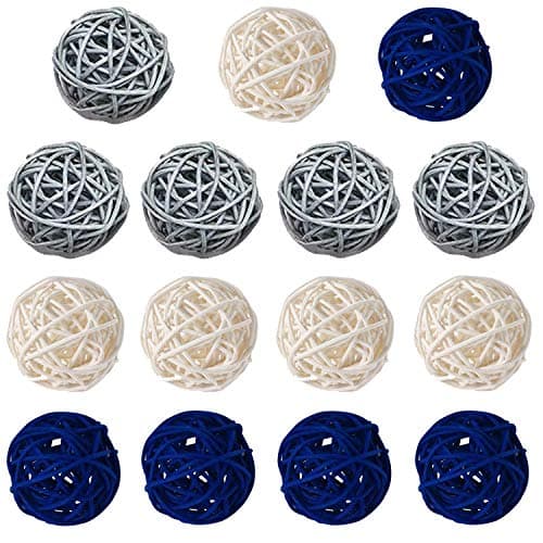 Worldoor 15 pcs Mixed Navy Blue Gray White Wicker Rattan Balls Table Wedding Party Christmas Decoration