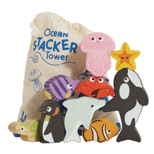 Le Toy Van Wooden Toys Petilou Baby Toddler Ocean Animal Building Blocks Stacker Bag Educational Balancing Activity Toy Wooden Blocks Aquatic Animal Toys Kids Toys Age 18 Months