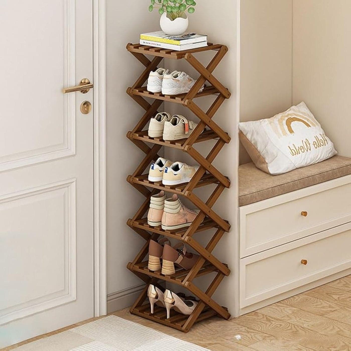 kiss me Bamboo Folding Shoe RackVertical Narrow Shoe RackSmall Shoe RacksWithout InstallationShoe Racks StorageWooden Narrow Tall rack Indoor for Hallway Entryway Brown 8 Tier