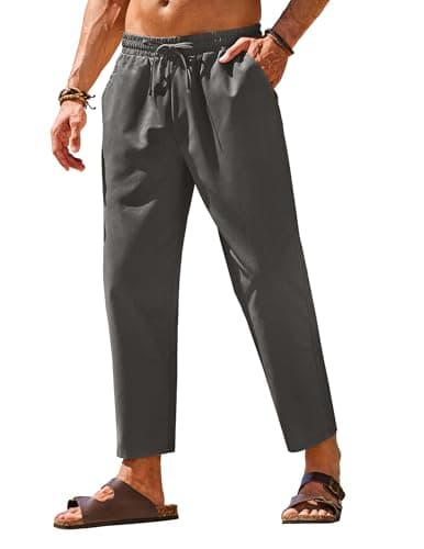 COOFANDY Linen Pants Men Lightweight Elastic Waist Casual Trousers Yoga Beach Summer Pants Dark Grey