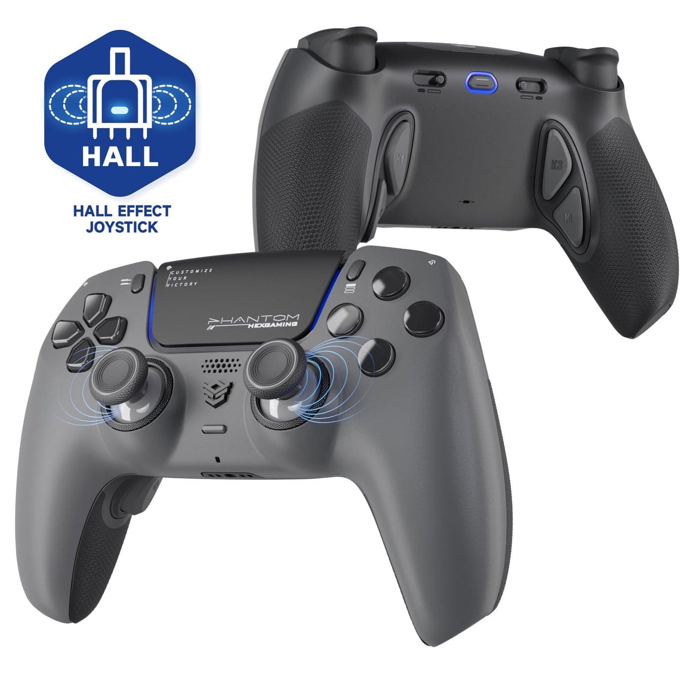 HEXGAMING PHANTOM Pro Controller with 4 Remappable Buttons 6 Remapping Profiles 8 Interchangeable Analog Stick and Adjustable Triggers Compatible with ps5 PC Mobile Hall Effect Shadow Gray
