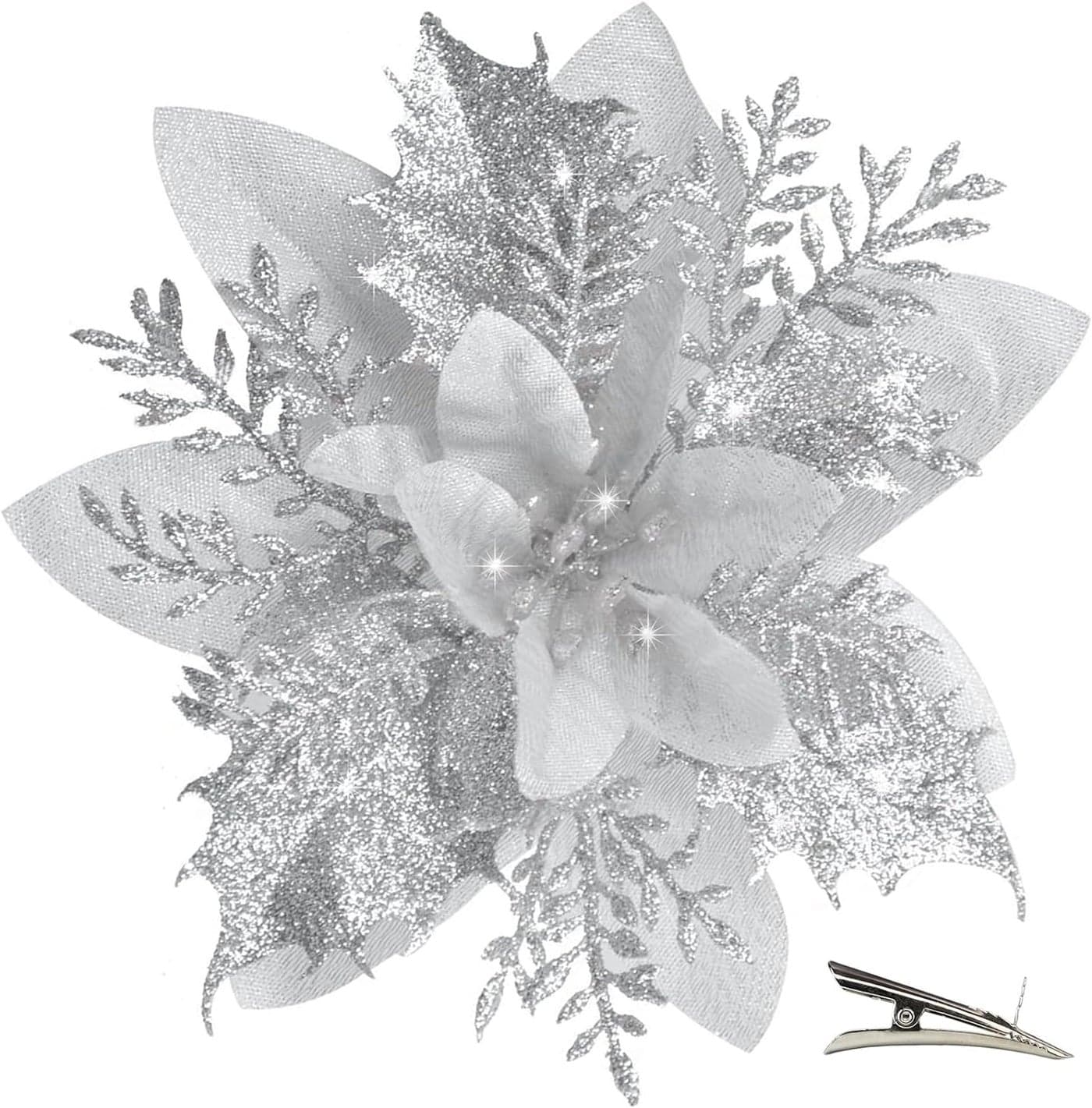 Forty Wings 3 Pcs Silver Glitter Christmas Poinsettia Flowers Christmas Tree OrnamentDecorative Artificial Flowers for Christmas Tree Decorations Xmas Tree Wreaths
