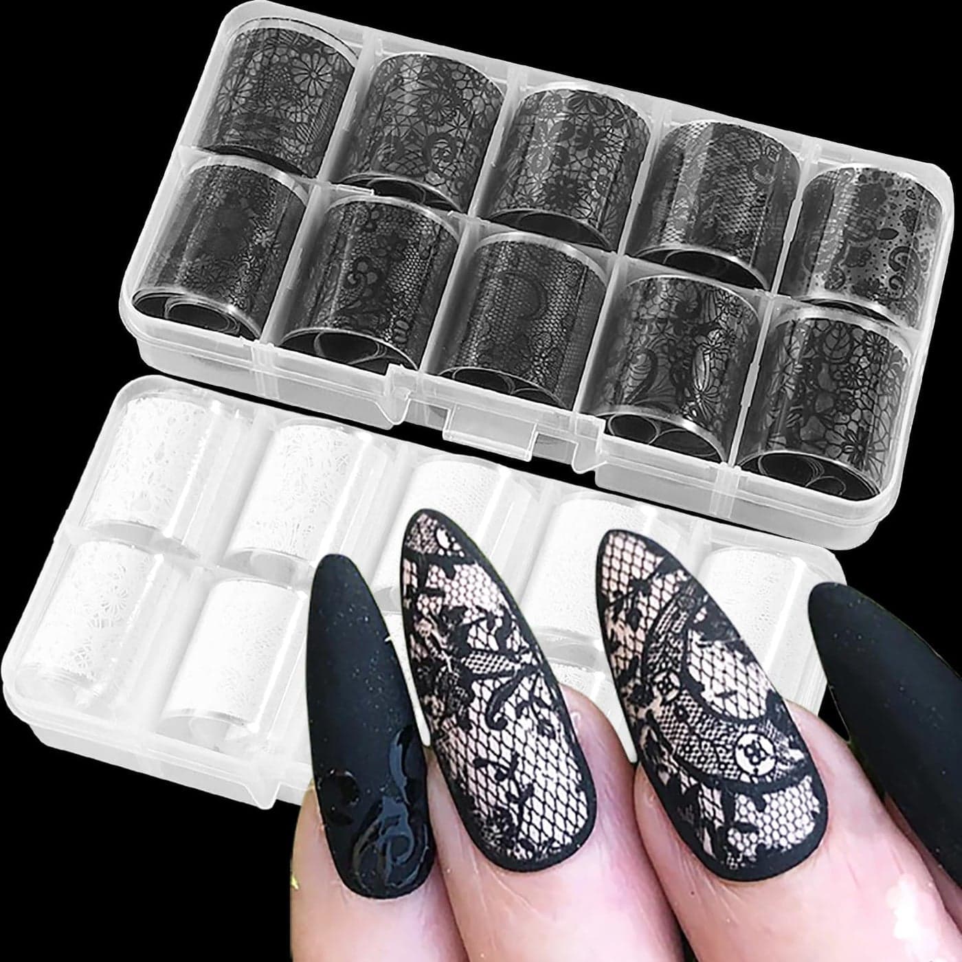 SILPECWEE 20 Rolls Lace Nail Foil White and Black Nail Transfer Foil Flower Nail Art Foil Decals Holographic Foil for Nails Manicure Stickers for DIY Acrylic Nails Decoration