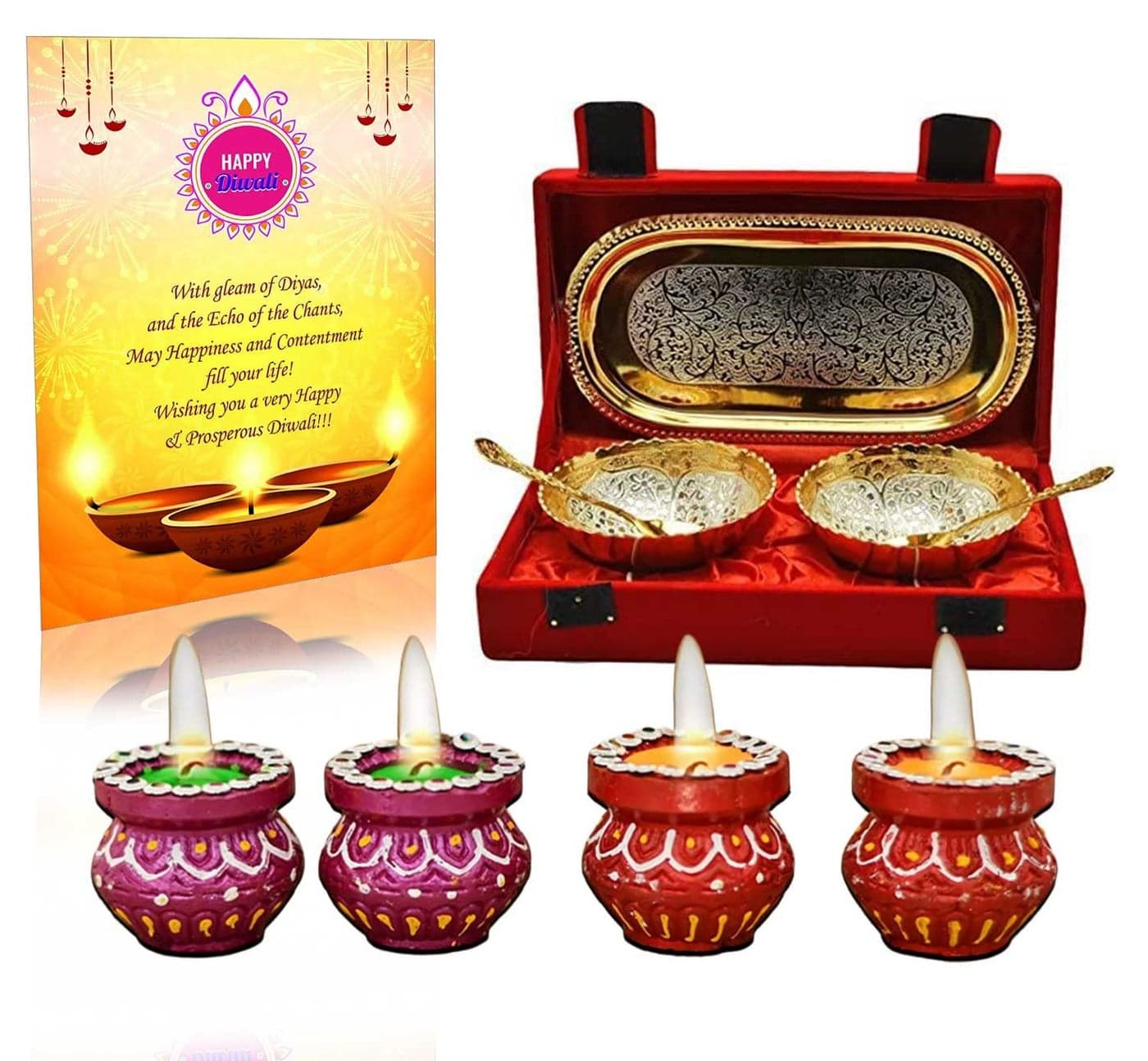 Collectible India Premium Diwali Gift Hamper Items Combo Gold & Silver Plated Brass Bowl Set with Velvet Box with Set of 4 Wax Matki Diwali Candles Tealight Diya & Greeting Card for Family Friends