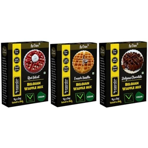 La Casa French Vanilla + Chocolate + Red Velvet Belgian Waffle Mix | Combo Pack of 3 | Pancake Mix | Multigrain | Vegan | Extra Crisp | 3x400g |