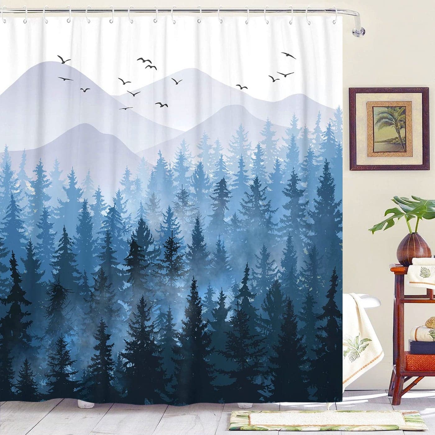 Accnicc 78 Inch Long Blue Misty Forest Shower Curtain Set Ombre Navy Blue Mountain Pine Tree Waterproof Fabric Shower Curtains for Bathroom Nature Woodland Decorative Modern Bath Curtain Decor