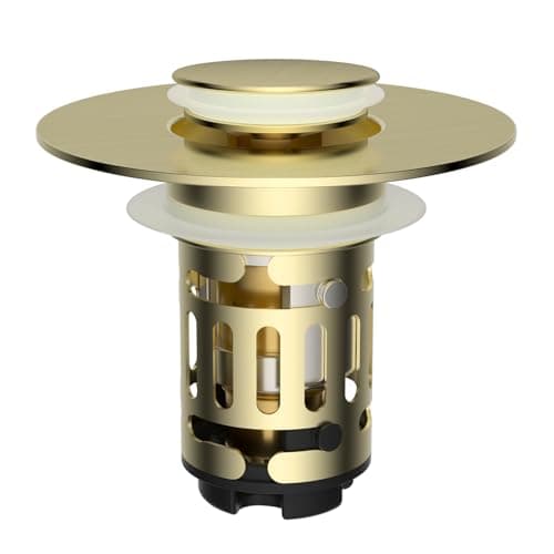 Hibbent Upgraded 3 in 1 Bathroom Sink Drain Strainer Universal Pop Up Stopper with Removable Stainless Steel Filter Basket Hair Catcher Sink Plug for 11236 Basin Brass Core Brushed Gold