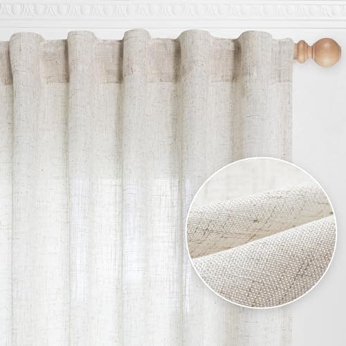 MYSKY HOME Linen Curtains for Living Room Natural Semi Sheer Curtains Drapes 84 inches Length 2 Panels Set Farmhouse Country Boho Style Back Tab Draperies for Sliding Glass Door 50 Wide Linen