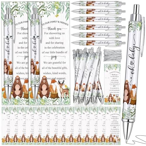 Dinifee 36 Sets Woodland Animals Baby Shower Favors Pen Set Includes 36 Rolling Paper Ballpoint Pens and 36 Greeting Bookmarks Woodland Baby Shower Game Prizes Party Favors for Guests