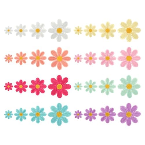 32Pcs 4 Sizes Daisy Flower Iron on Patches Cute Daisy Floral Heat Press Embroidery Patch for DIY Decoration Clothes Jackets Jeans Hats Backpacks
