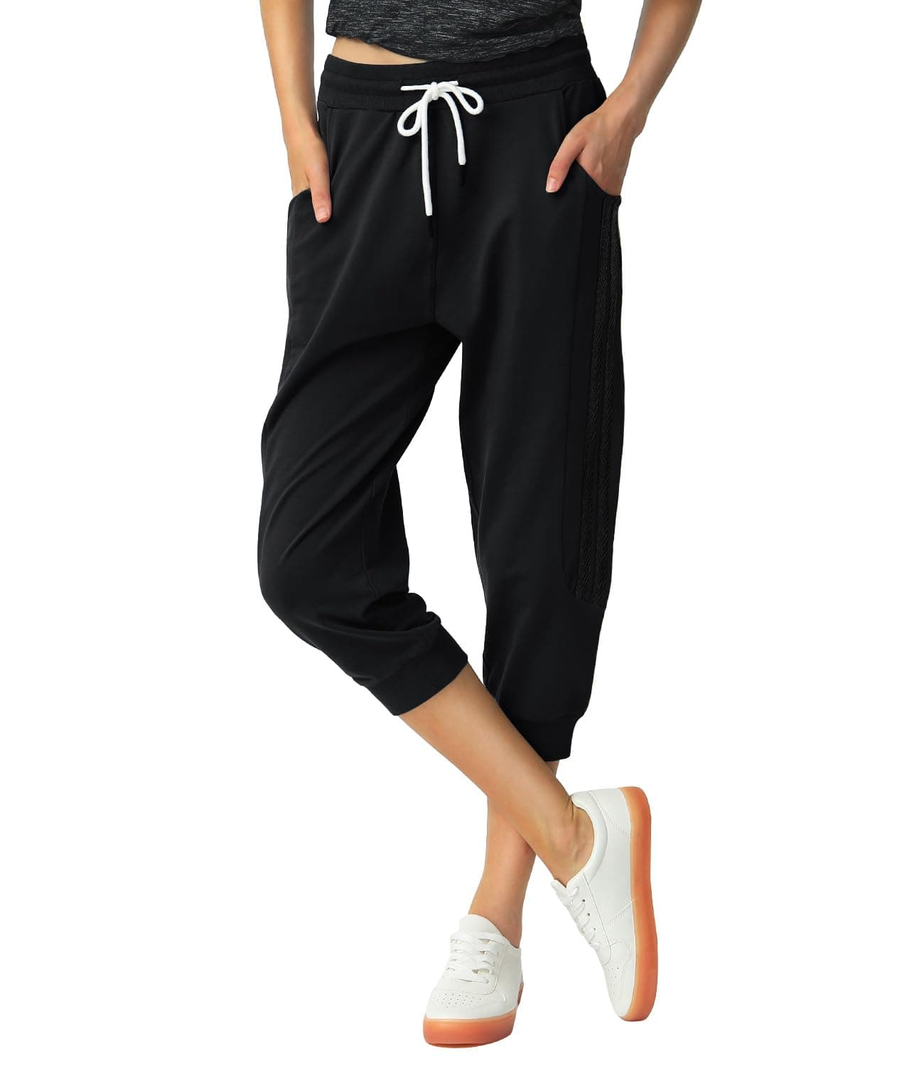 SPECIALMAGIC Women's Capri Pants Cropped Joggers with Pockets Elastic Waist Drawstring Capri Sweatpants Black with Double Black Stripes X-Large