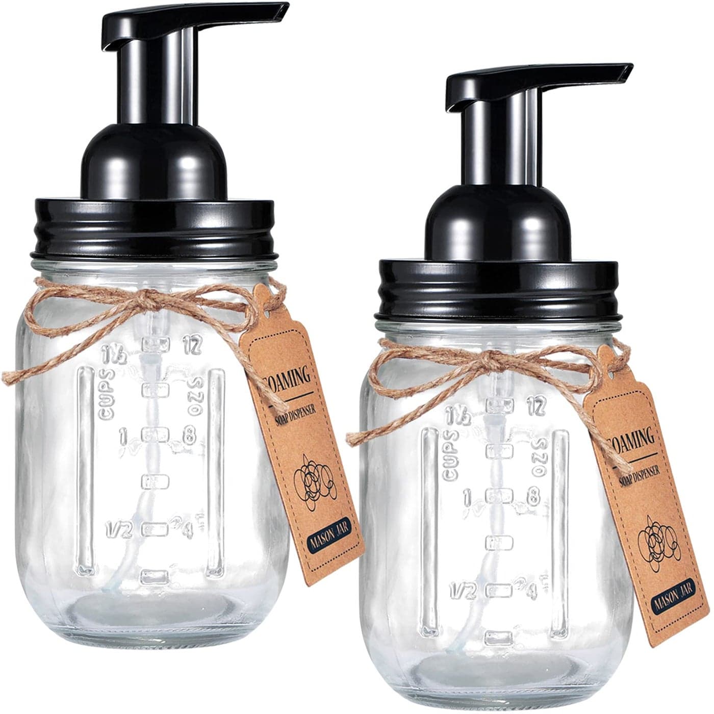 SheeChung Mason Jar Foaming Soap DispenserRustproof Stainless Steel Lid Foaming Soap Pump Refill Foam Hand Soap Dispenser Glass for Bathroom Kitchen Vanities CountertopsBlack 2 pk