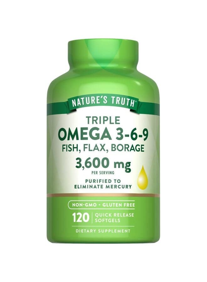 Omega 3-6-9 Softgels | 3600mg | 120 Count | Fish, Flax, & Borage Oil | Triple Strength | Non-GMO & Gluten Free Supplement