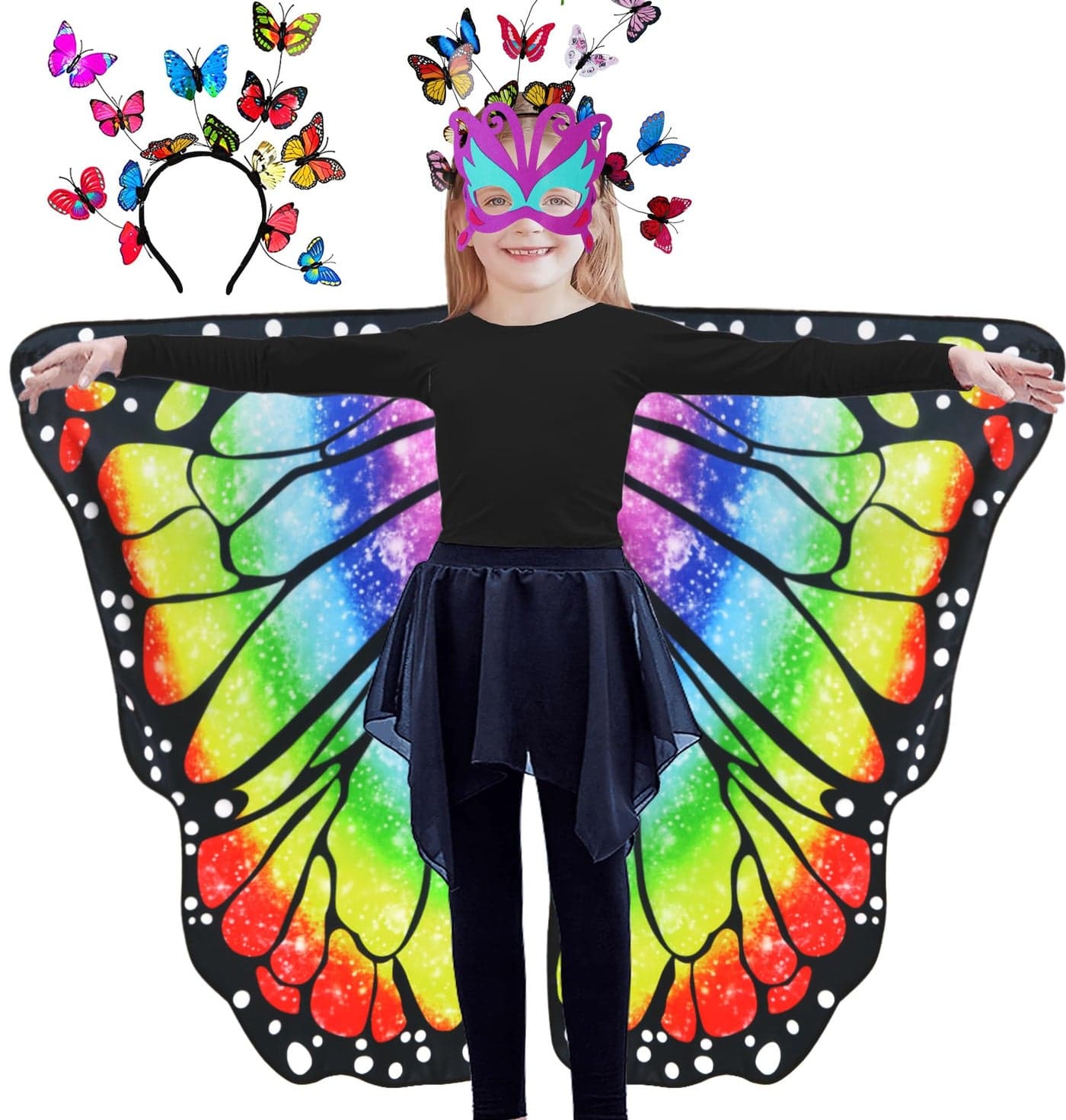 D.Q.Z Double-Sided Fairy Butterfly-Wings Costume for Girls Kids Dress-Up Halloween Costumes Mask Headband as Gifts (Rainbow)