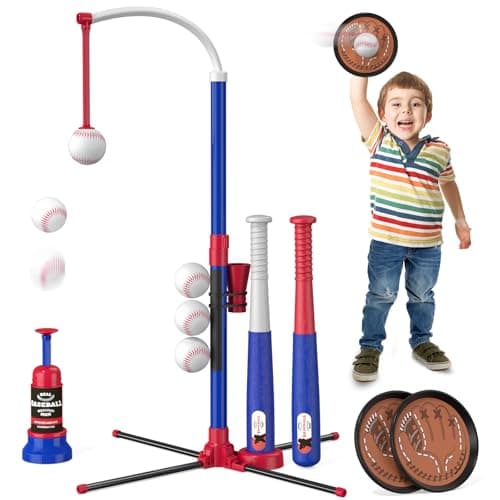 HYES 4 in 1 T Ball Sets for Kids 35 with Toss and Catch Ball Set Hanging Tee Stand with Auto Pitching Machine 2 Bats Indoor Outdoor Toys Birthday Baseball Gifts for Toddler Boys Girls Blue