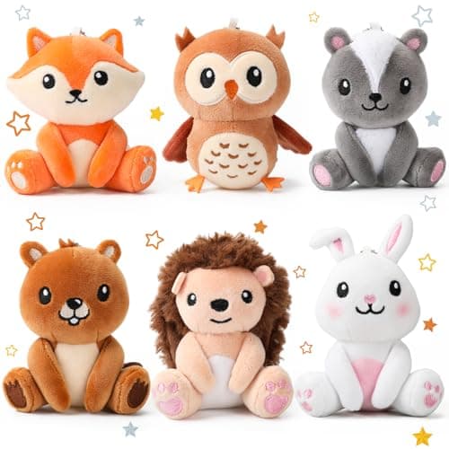 Aoriher 6 Pcs Mini Woodland Animals Stuffed Gift 4 Inch Cute Bear Rabbit Squirrel Raccoon Stuffed Keychain for Shower Birthday Party Centerpiece DecorCreative