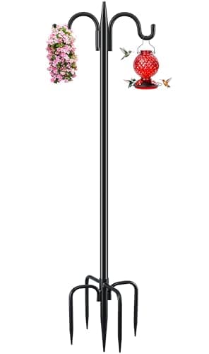 Gtongoko Bird Feeder Pole for Outdoors Heavy Duty 92 Inch Double Shepherds Hook with 5Prong Stable Base 34 Inch Thick Hummingbird Feeder Stand for Hanging Plants Lanterns 1 Pack