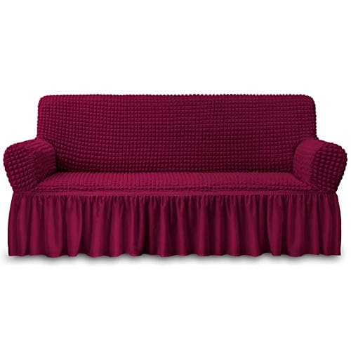 NICEEC Sofa Slipcover Red Sofa Cover 1 Piece Easy Fitted Sofa Couch Cover Universal High Stretch Durable Furniture Protector with Skirt Country Style (3 Seater Wine Red), Large