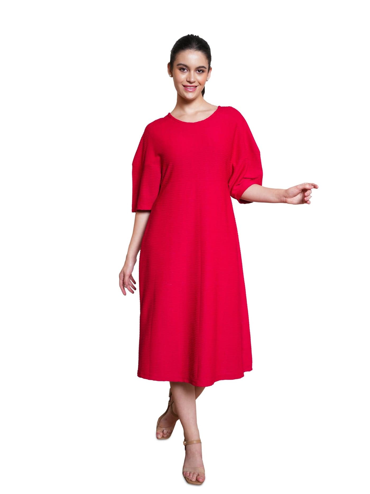 PURVAJA Women’s A-line Midi Length Dress (Yuvi-045-Red_Red_Large)