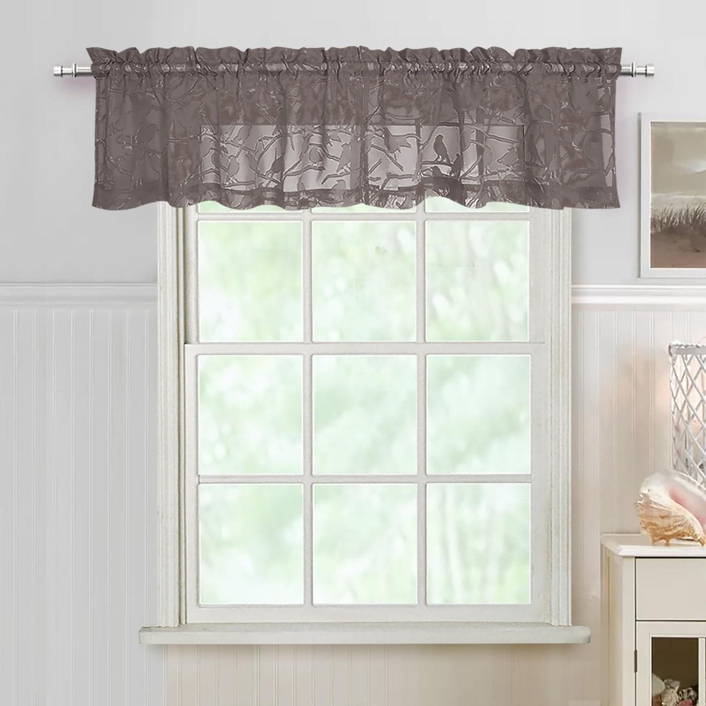 OVZME Anji Bird 2 Panels Sheer Kitchen Valances for Windows 14 Inches Long Classic Rod Pocket Light Filtering Semi Brown Sheer Curtains for Bedroom Basement Short Window 38Wx14L Inches