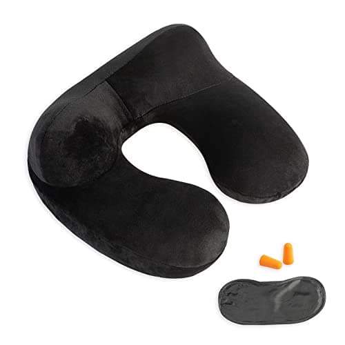 Makimoo Inflatable Travel Pillow, Neck Pillow Support for Traveling, Airplanes, Cars, and Offices with Compact Carrying Bag, Soft Velvet Washable Cover, Ideal for Adult Sleepers (Black)