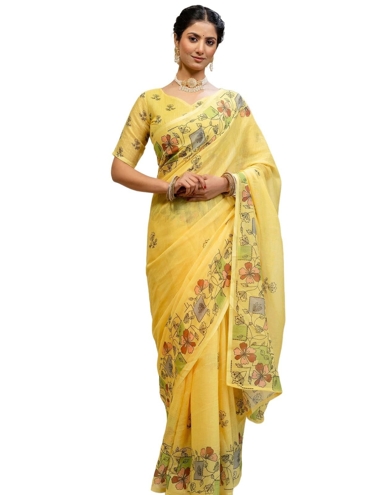 SIRIL Women's Cotton cotton Printed Saree With Unstitched Blouse Piece (4957S7143_Yellow)