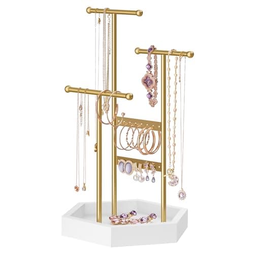 SONGMICS Jewelry Holder, Jewelry Organizer, 3 Tiers and 1 Tray, Jewelry Display Stand with Metal Frame, Necklace Earring Bracelet Holder, for Rings, Pale Gold and White UJJS003A01