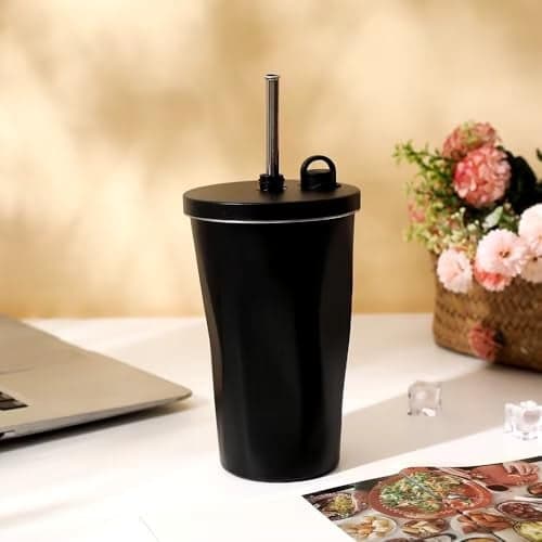 Wosta Vacuum-Insulated Tumbler Cup with Straw, Stainless Steel, Wide Mouth, Home Office, Outdoor, Retains Heat and Cold, Lid Included, 20.3 fl oz (600 mL), Girls, Boys (Black)