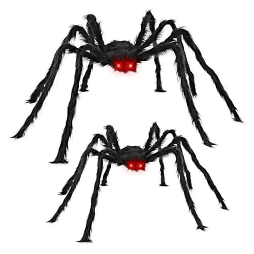 2 PCs Giant Halloween Outdoor Decorations Hairy Black Spider Scary Giant Spider with Scary Glowing EyesFake Large Haunted House Props Halloween Yard Lawn Decorations Party Indoor5Ft3Ft