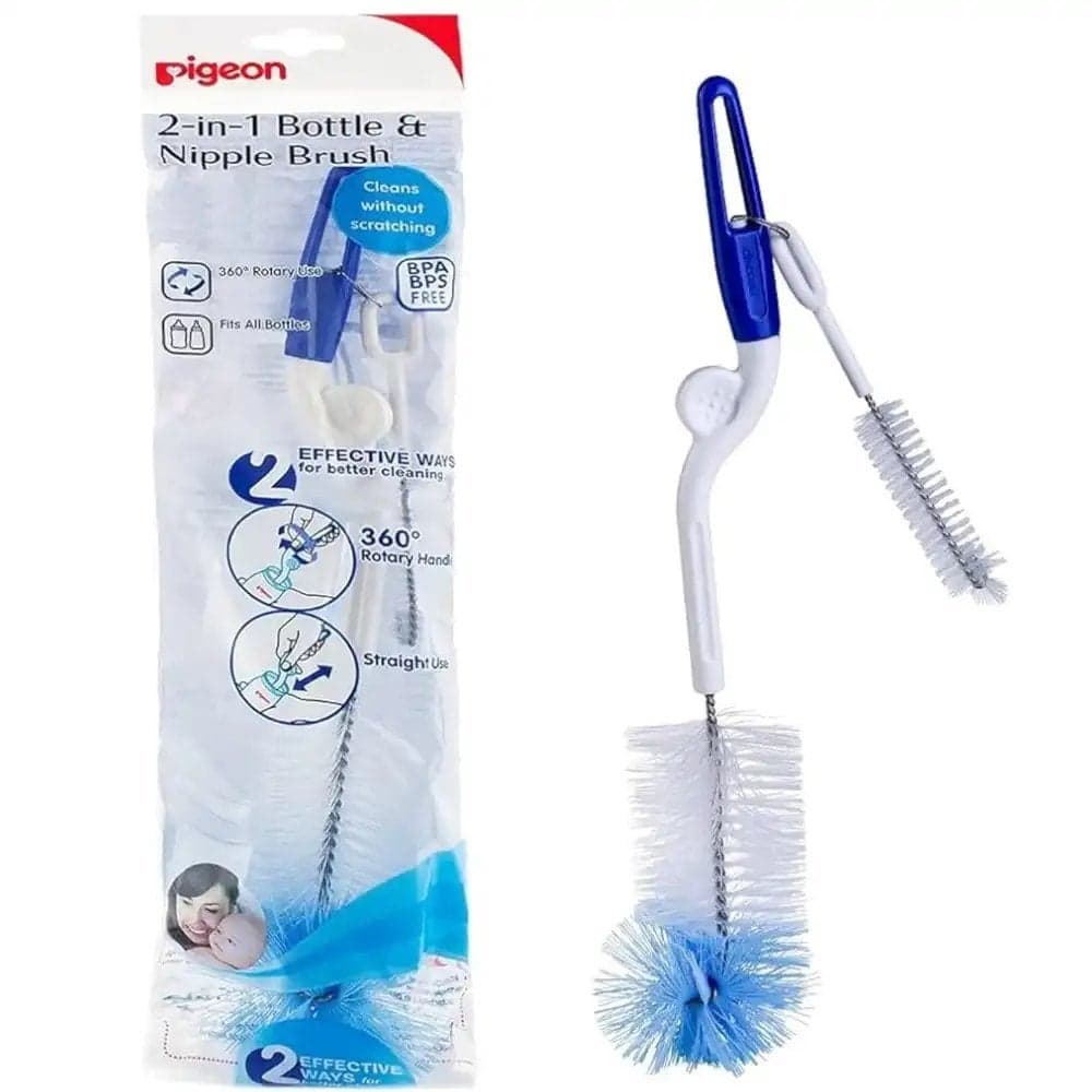Pigeon 2 in 1 Bottle And Teat Cleaning Nylon Brush Rotary- White And Blue