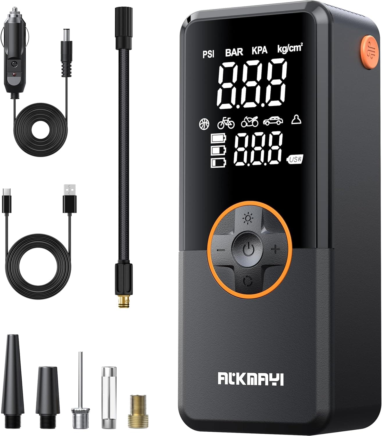 ATKMAYI Portable Tire Inflator, 150 PSI Cordless Air Compressor with Deflation Mode and LED Light