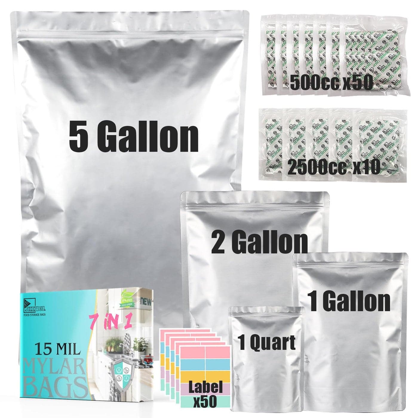50pcs Mylar Bags for Food Storage With Oxygen Absorbers 15 Mil Extra Thick Mylar Bags 4 Size Set5 Gallon 2 Gallon 1 Gallon 1 Quart2500cc and 400cc OxySorb Individually Sealed