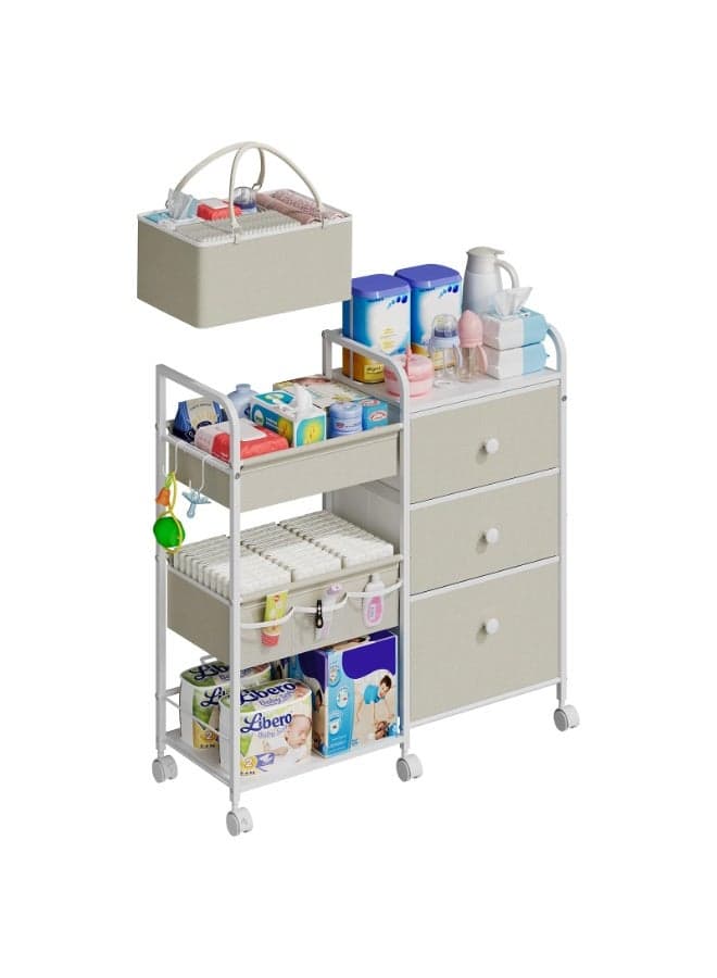 2-in-1 Baby Diaper Caddy & Storage Organizer, 3-Tier Rolling Cart with Dividers & Drawers, Mobile Nursery Cart for Diapers, Clothes, Toys by Crib, Changing Table